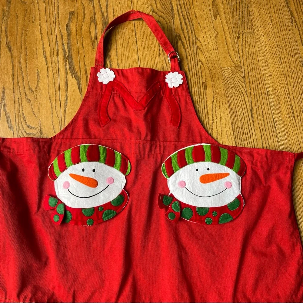 Snowman Apron with Pockets by Ritz Unisex Red Cotton Apron